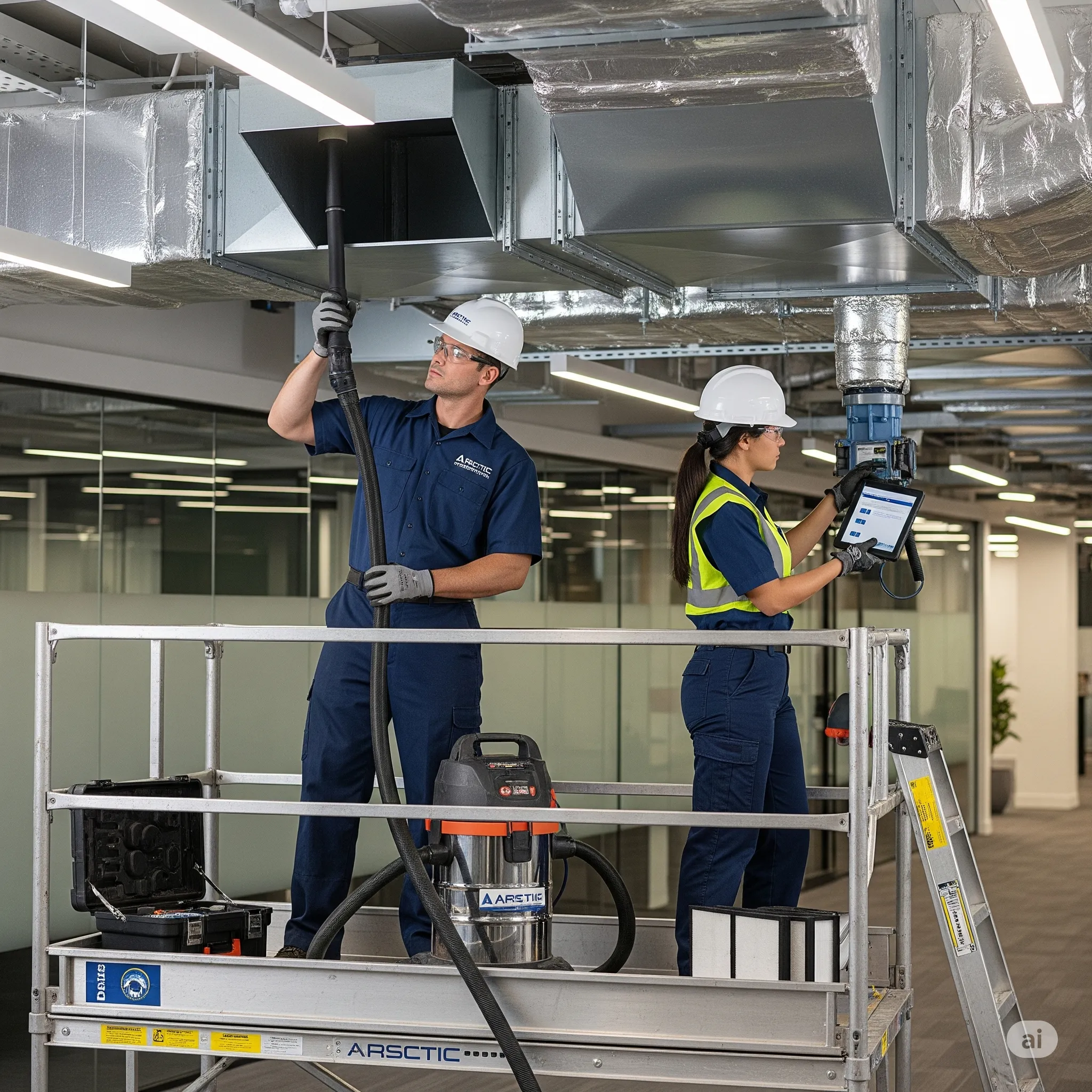 Technician cleaning an air duct